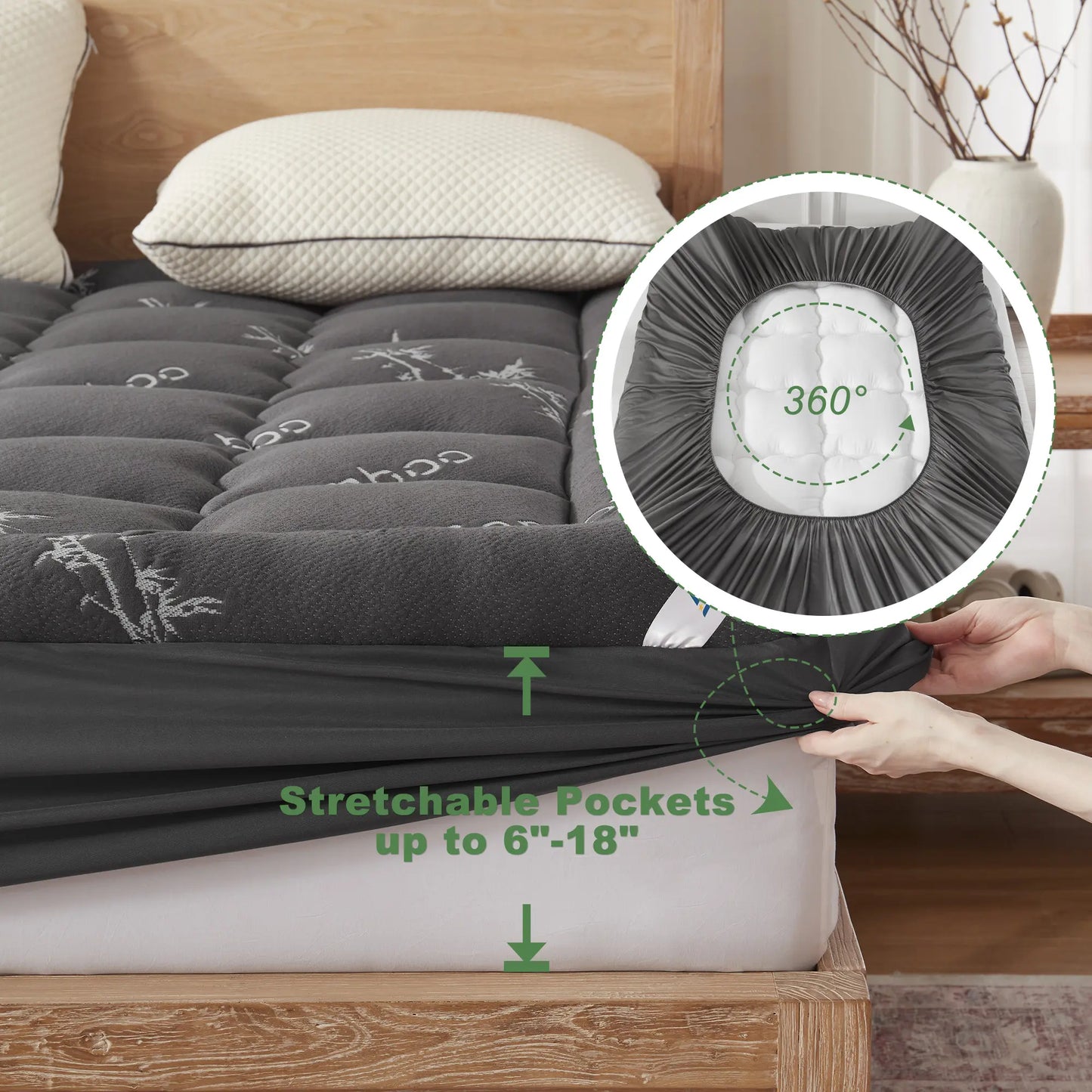 【Bedlore】Bamboo Cooling Mattress Topper with Fitted Sheet, Thick Luxury Comfort Layer, Breathable & Soft on Skin, Deep Pocket Design, Machine Washable, Ideal for Bedroom & Home Use Homeessentials