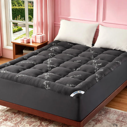 【Bedlore】Bamboo Cooling Mattress Topper with Fitted Sheet, Thick Luxury Comfort Layer, Breathable & Soft on Skin, Deep Pocket Design, Machine Washable, Ideal for Bedroom & Home Use Homeessentials