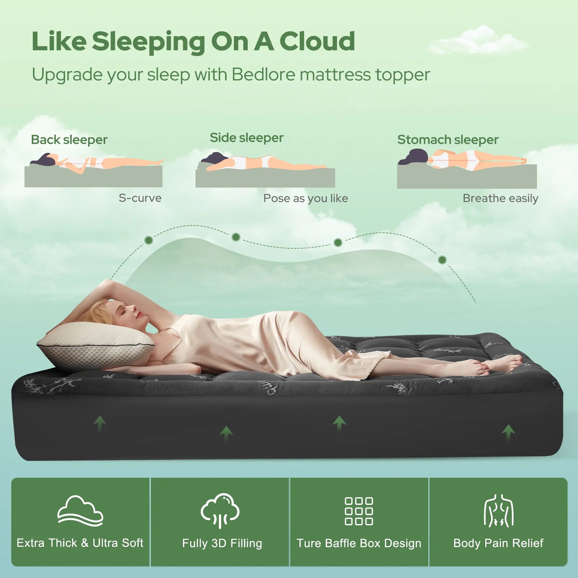 【Bedlore】Bamboo Cooling Mattress Topper with Fitted Sheet, Thick Luxury Comfort Layer, Breathable & Soft on Skin, Deep Pocket Design, Machine Washable, Ideal for Bedroom & Home Use Homeessentials