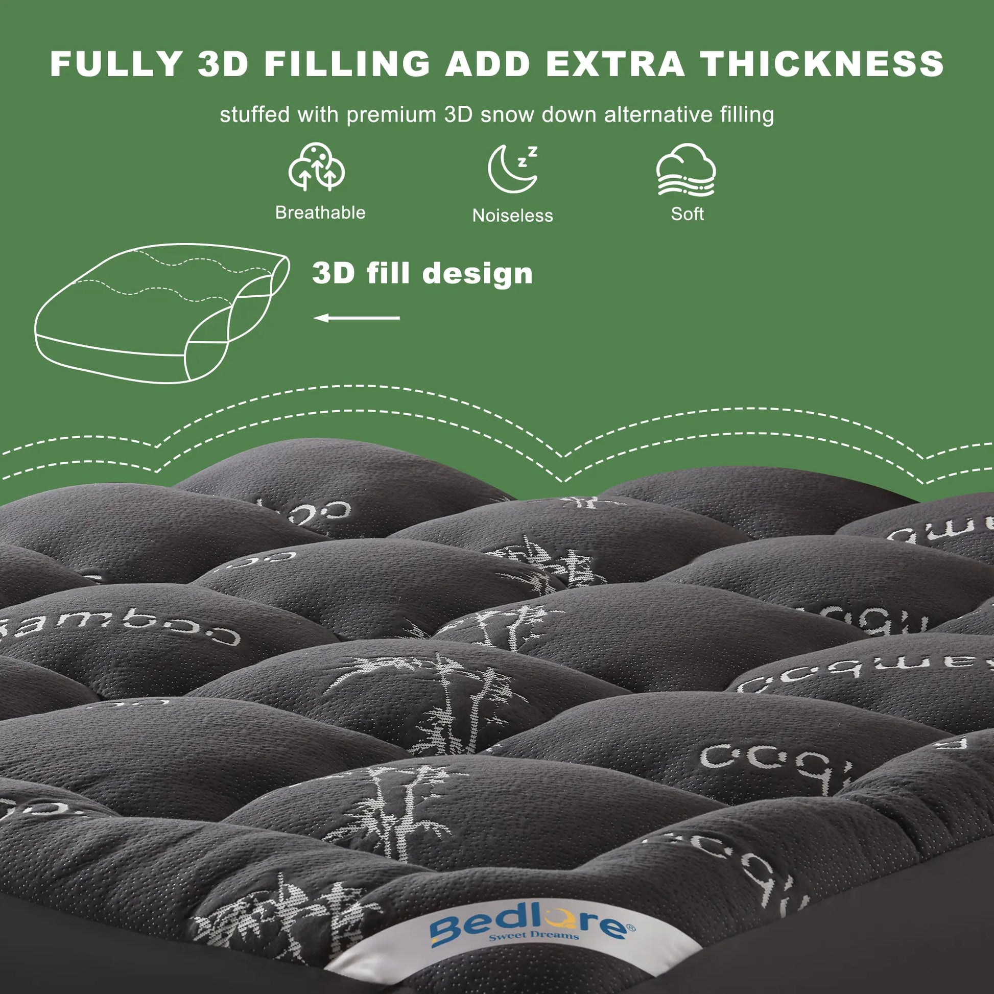 【Bedlore】Bamboo Cooling Mattress Topper with Fitted Sheet, Thick Luxury Comfort Layer, Breathable & Soft on Skin, Deep Pocket Design, Machine Washable, Ideal for Bedroom & Home Use Homeessentials